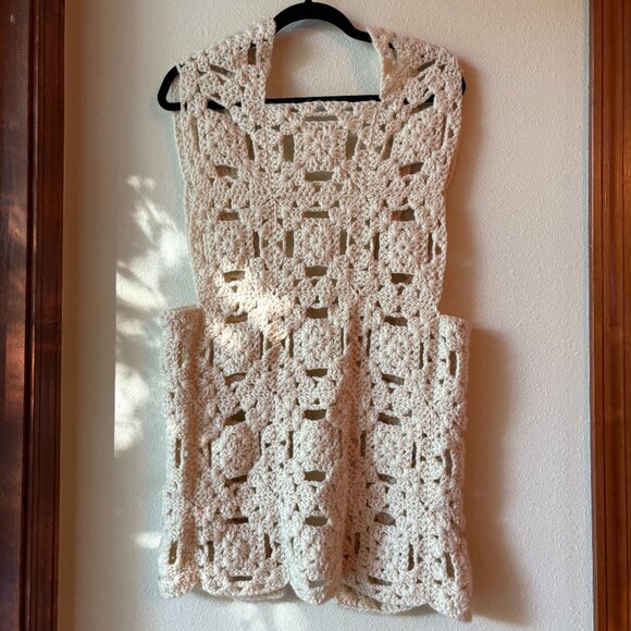 VTG 70s Handmade Crochet Vest Crochet Sweater Vest Granny Square Size L Cream - Picture 3 of 7
